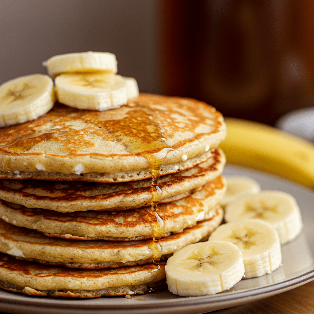 Stack of cottage cheese banana pancakes with banana and yogurt topping