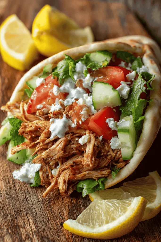  Crock Pot Chicken Shawarma served in pita with fresh vegetables and garlic sauce