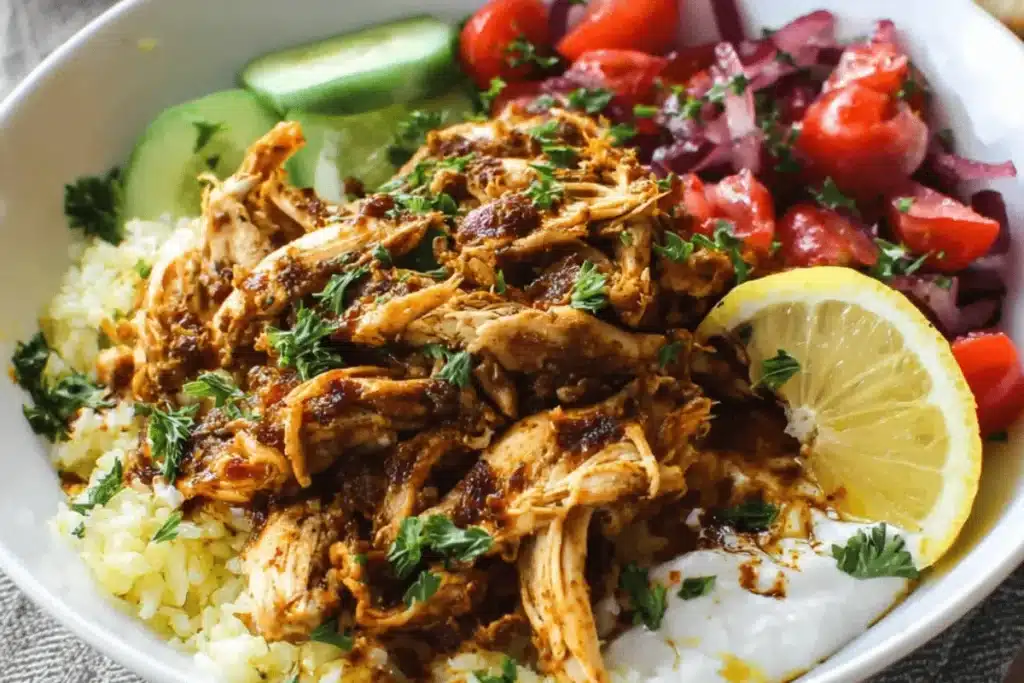 Slow-cooked Crock Pot chicken shawarma in a crock pot with herbs and spices