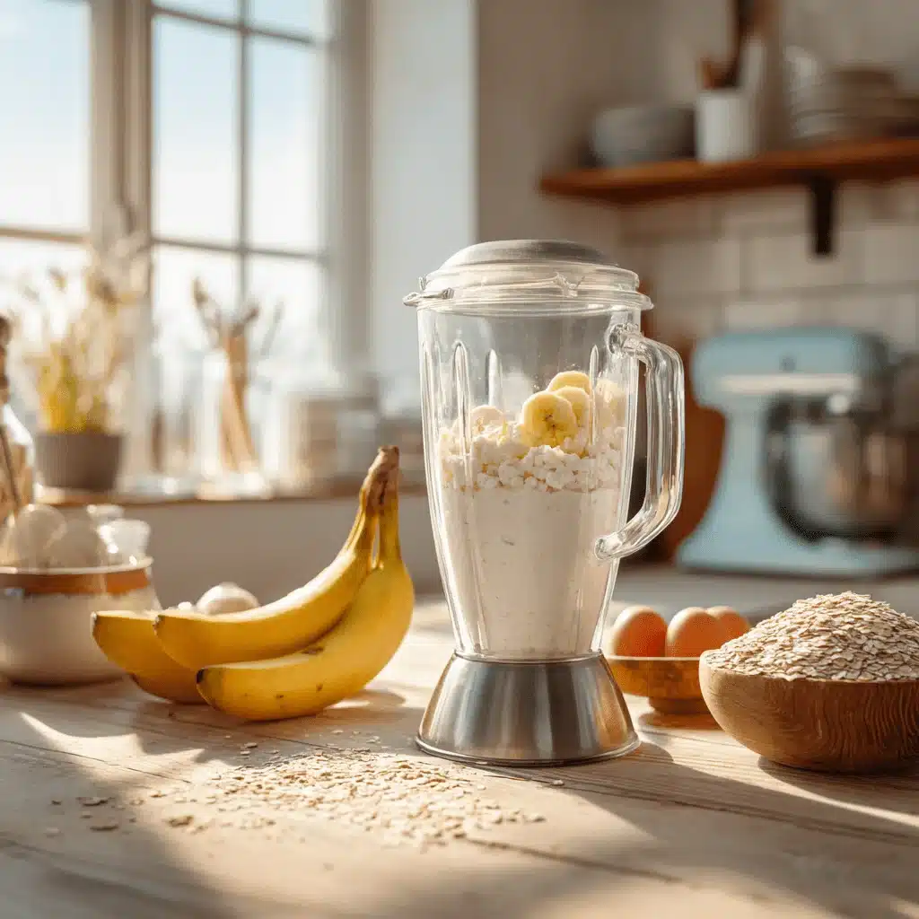 Ingredients for cottage cheese banana pancakes in a blender