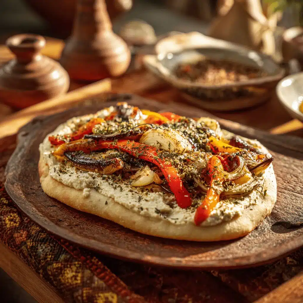 Flatbread with hummus, roasted vegetables, and za’atar seasoning.