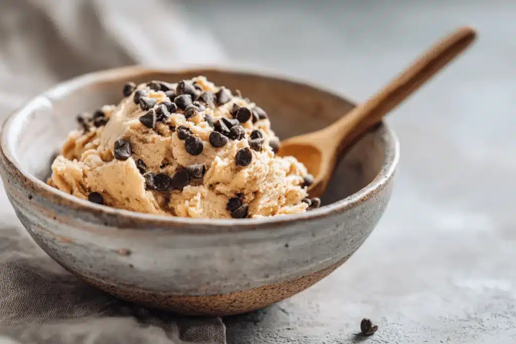 Chickpea cookie dough served in a ceramic bowl with chocolate chips