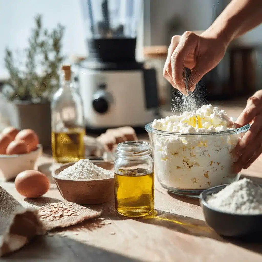 Hands blending cottage cheese, eggs, and oat flour for flatbread.