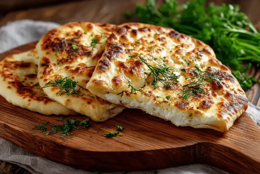 Rustic wooden table with freshly baked cottage cheese flatbread slices and herbs.