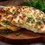 Rustic wooden table with freshly baked cottage cheese flatbread slices and herbs.