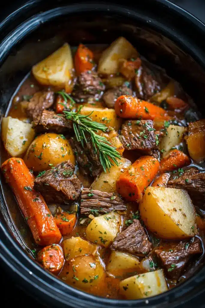 A bowl of high-protein Crock Pot beef stew with carrots and potatoes