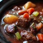 A bowl of high-protein Crock Pot beef stew with carrots and potatoes