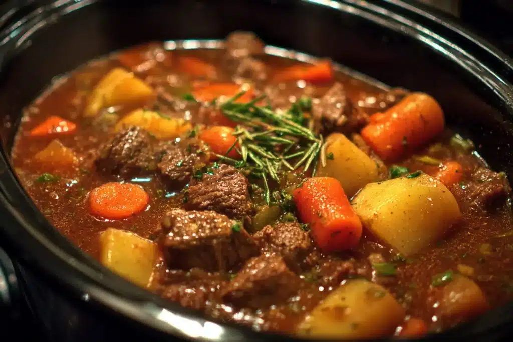 A bowl of high-protein Crock Pot beef stew with carrots and potatoes