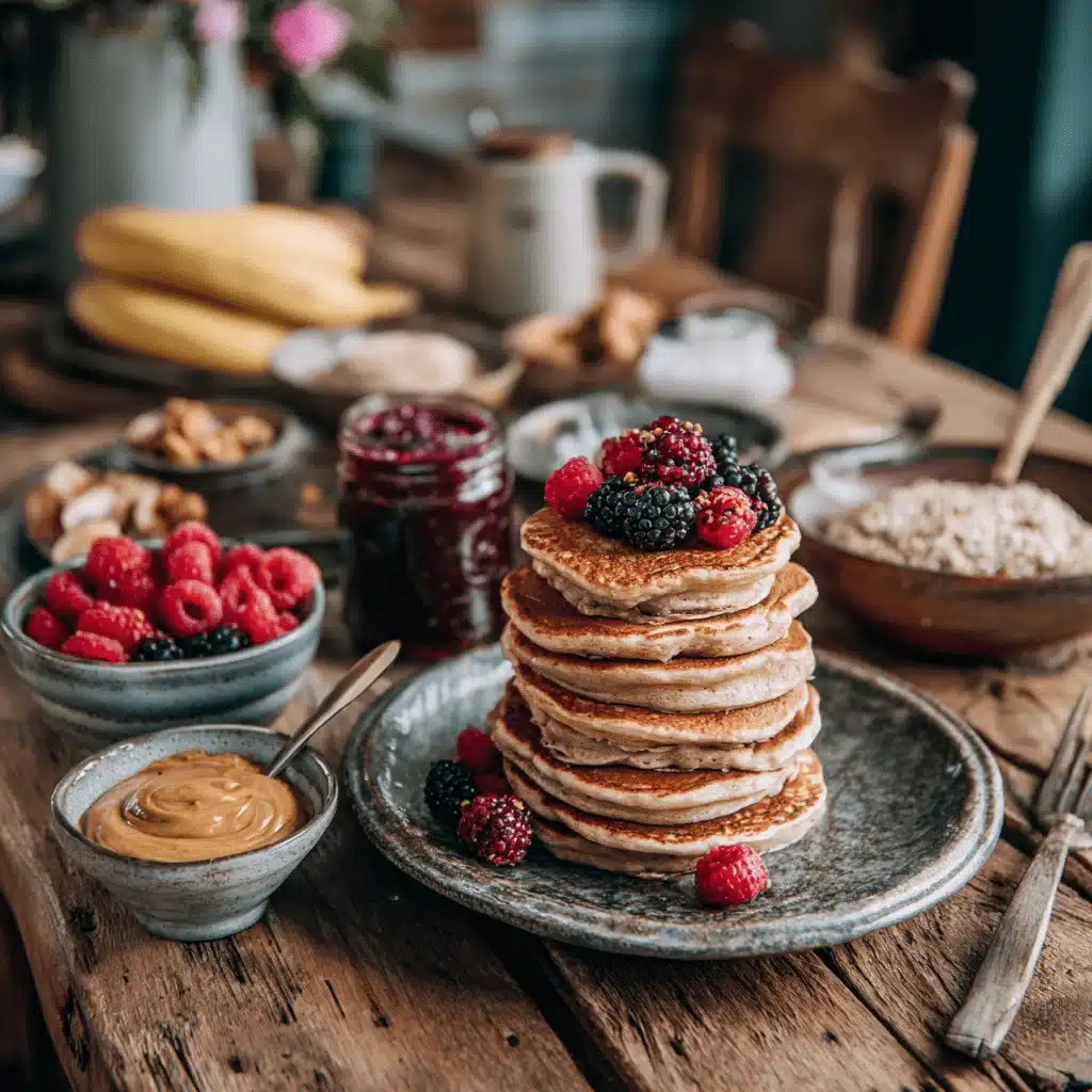 Family-style serving of cottage cheese banana pancakes with toppings
