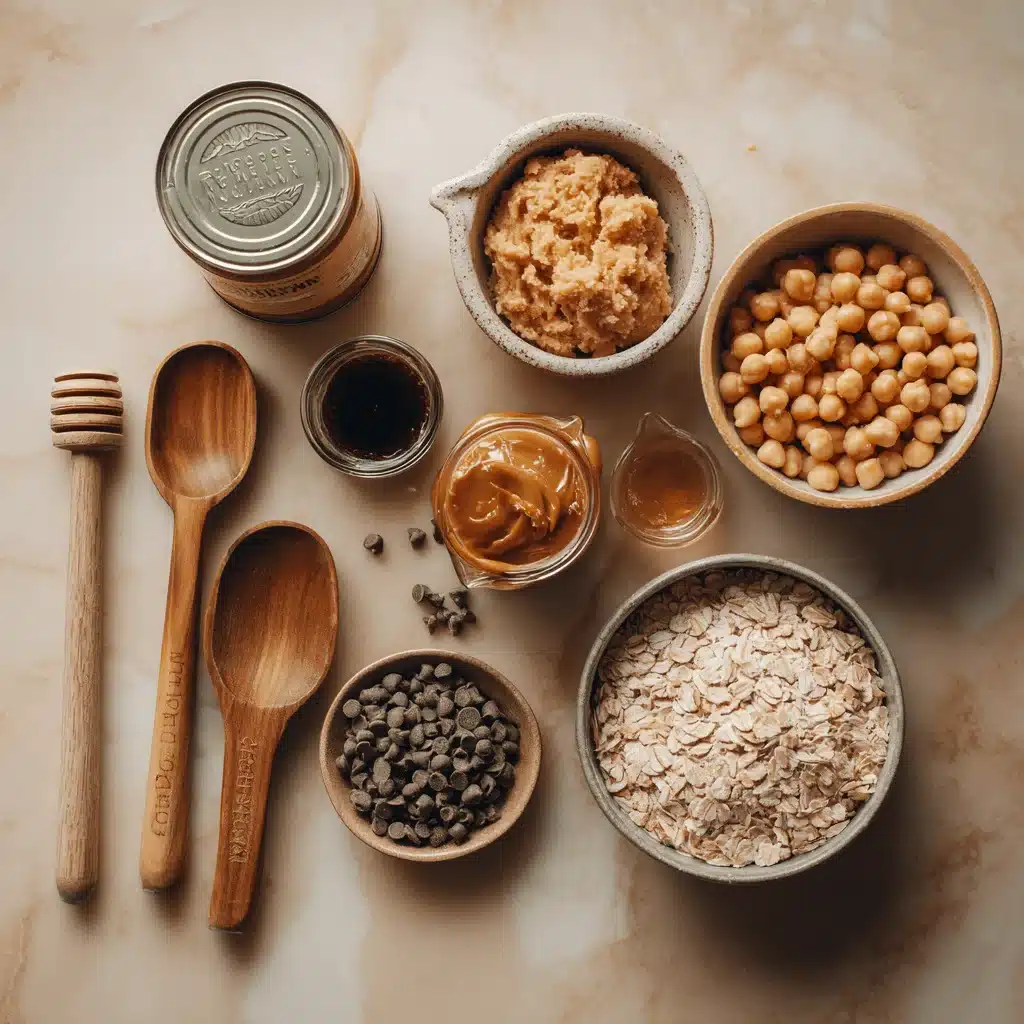Ingredients for chickpea cookie dough laid out on kitchen surface