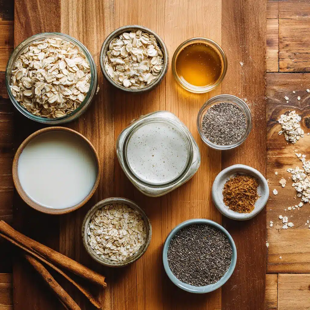 Ingredients for protein overnight oats without protein powder including oats, Greek yogurt, and chia seeds