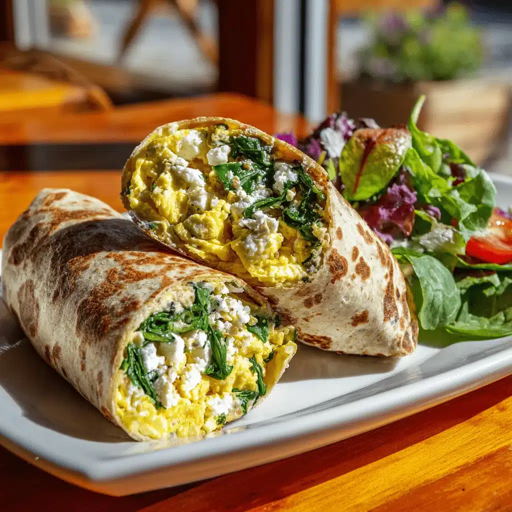 Flatbread wrap with eggs, spinach, and feta served with salad.