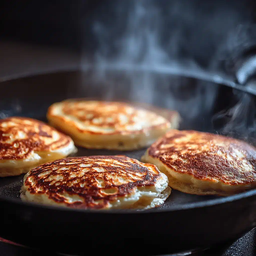 Cottage cheese banana pancakes cooking on a skillet