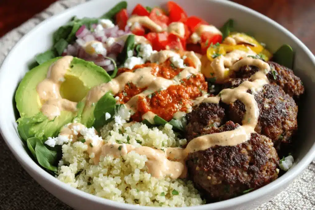 Overhead view of a protein-rich burger bowls filled with beef, vegetables, and sauce
