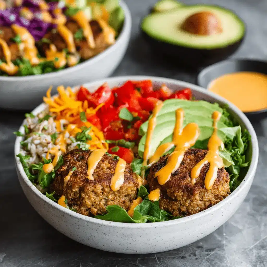 Overhead view of a protein-rich burger bowl filled with beef, vegetables, and sauce