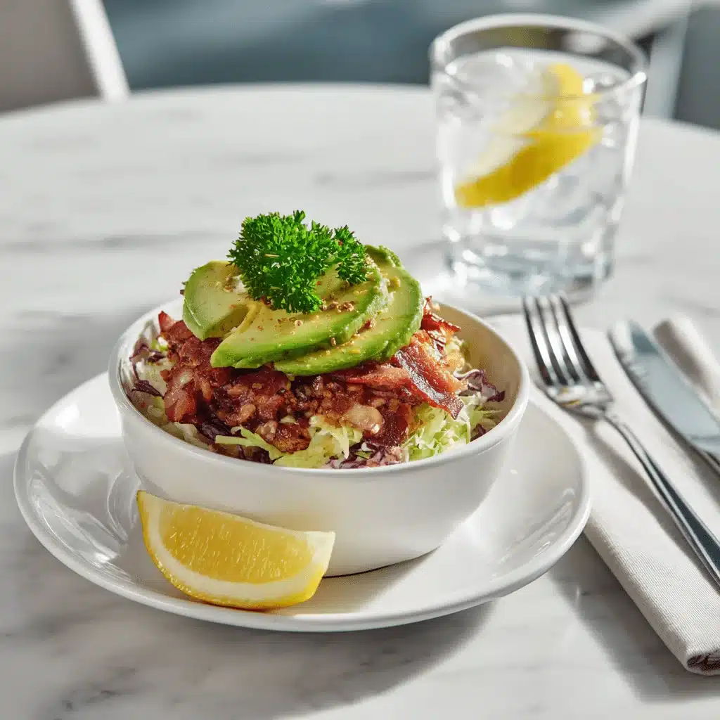 Professionally plated burger bowl with garnish and beverage on a modern table