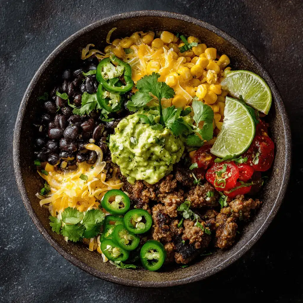 Southwestern-inspired burger bowl with beans, corn, beef, guacamole, and lime