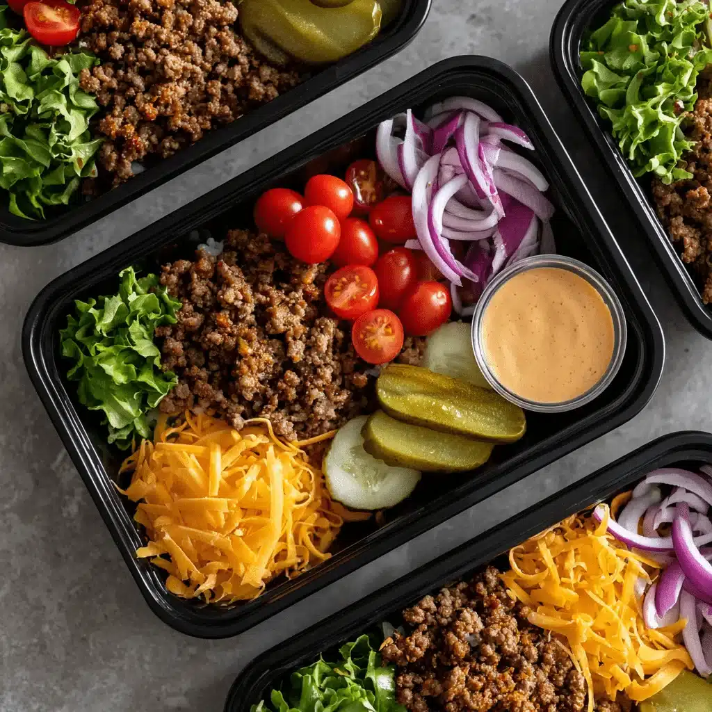 Organized containers with prepped ingredients for high protein burger bowls