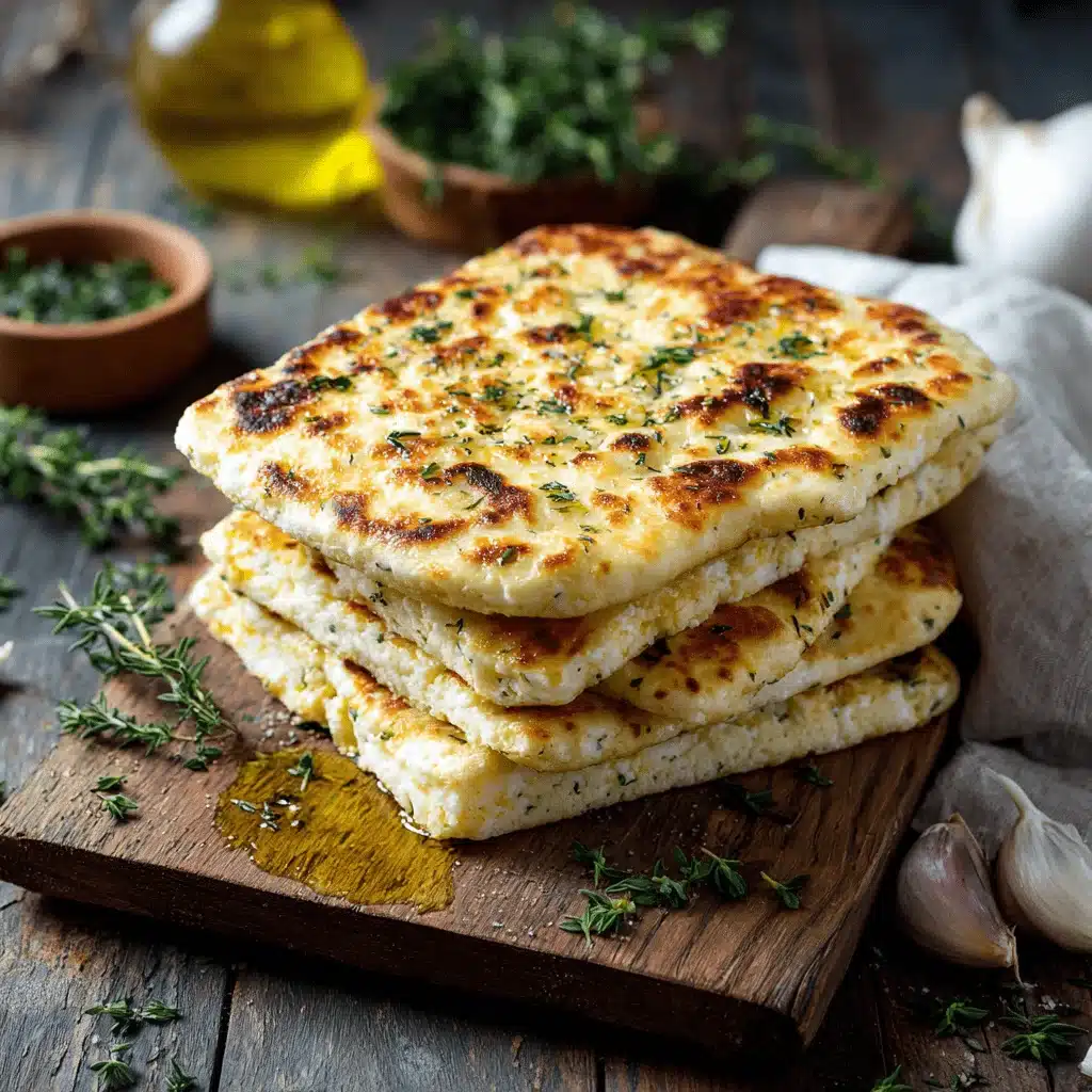 Homemade cottage cheese flatbread stacked on a cutting board with olive oil and herbs.
