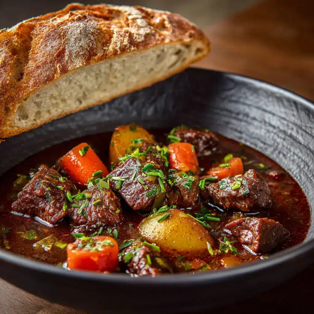 High-protein beef stew served hot with a side of bread