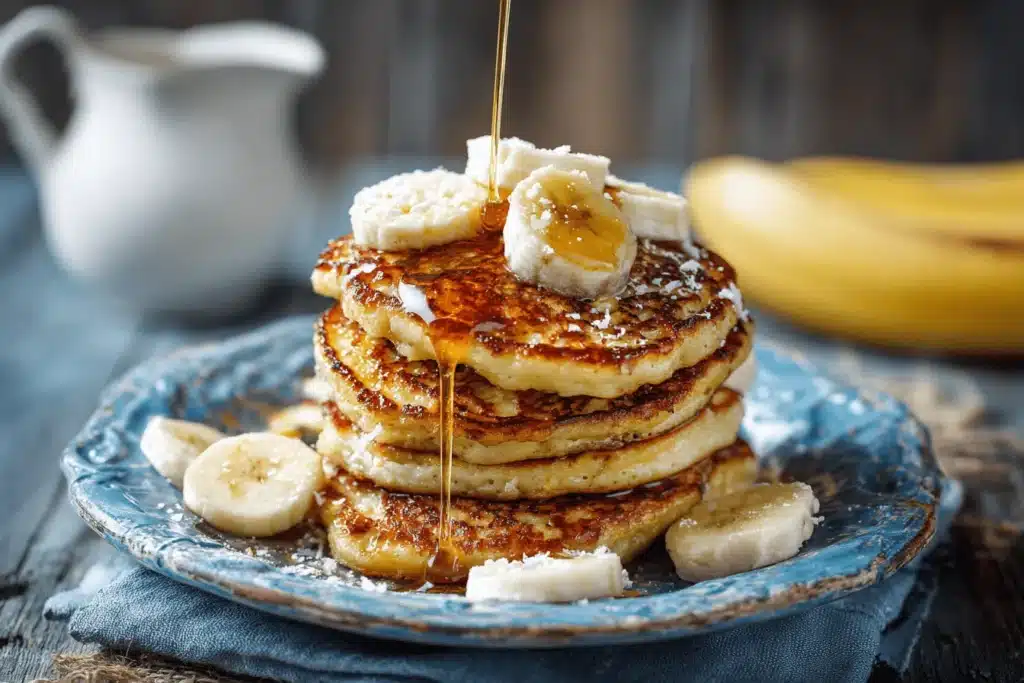 Stack of cottage cheese banana pancakes with banana and yogurt topping