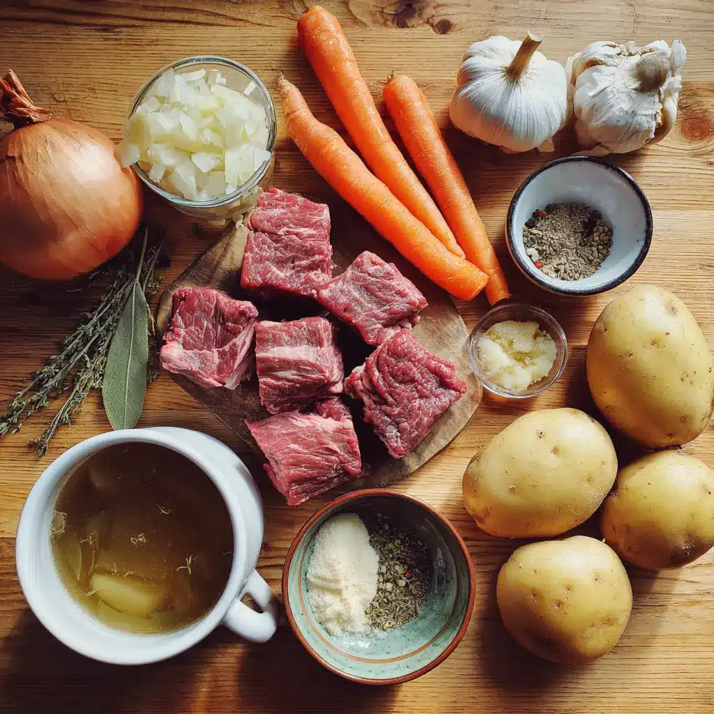 Raw beef, chopped vegetables, and seasonings laid out for Crock Pot prep