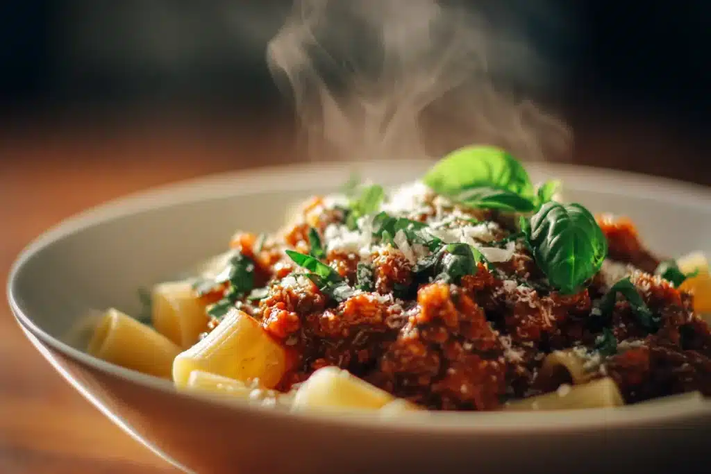 Vegan lentil walnut bolognese served over rigatoni pasta with herbs