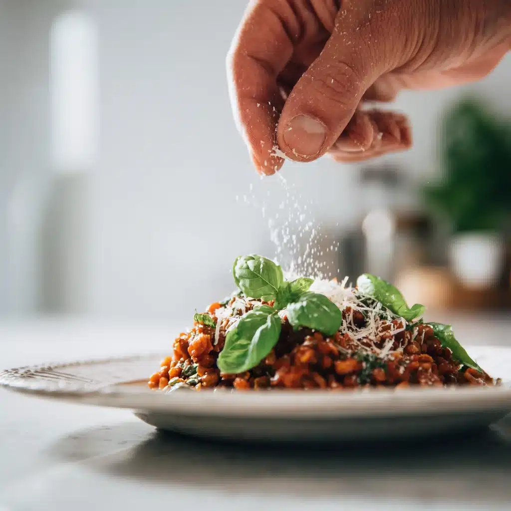 Hand adding garnish to lentil walnut bolognese