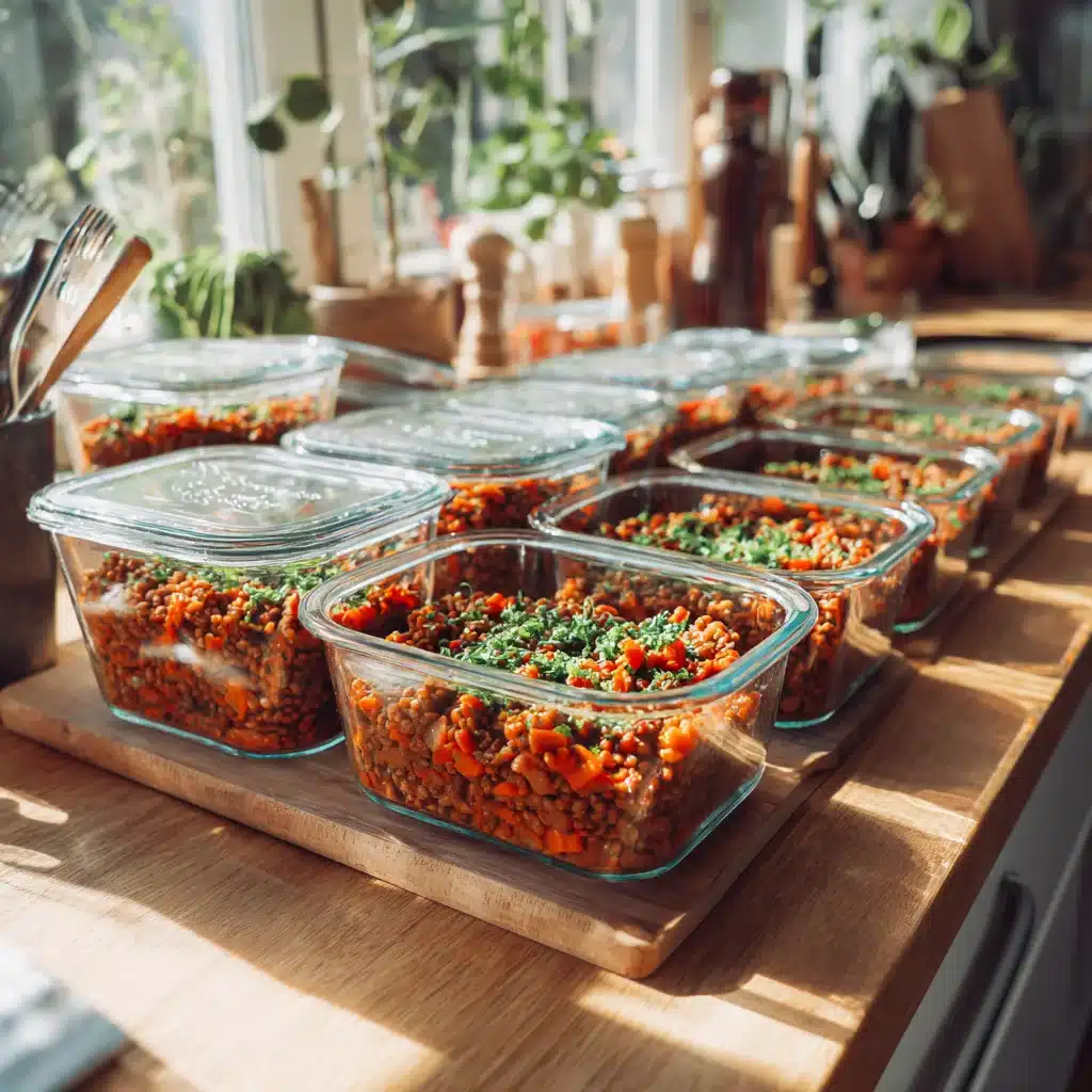 Lentil walnut bolognese in glass containers for meal prep