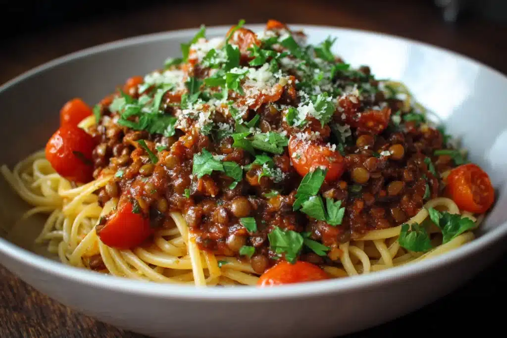 Vegan lentil walnut bolognese served over rigatoni pasta with herbs