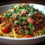 Vegan lentil walnut bolognese served over rigatoni pasta with herbs
