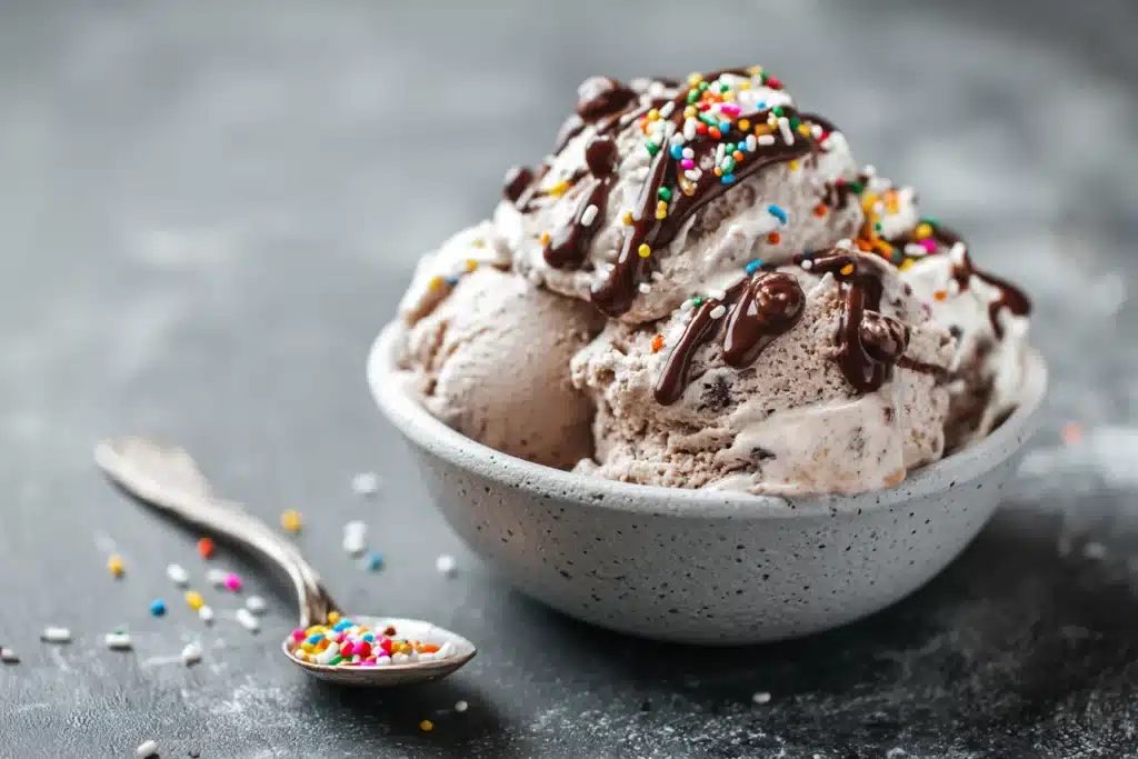 Ninja Creami protein ice cream in a glass pint on a kitchen counter