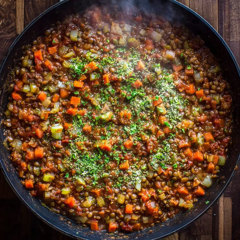 Lentil walnut bolognese simmering in a skillet with vegetables