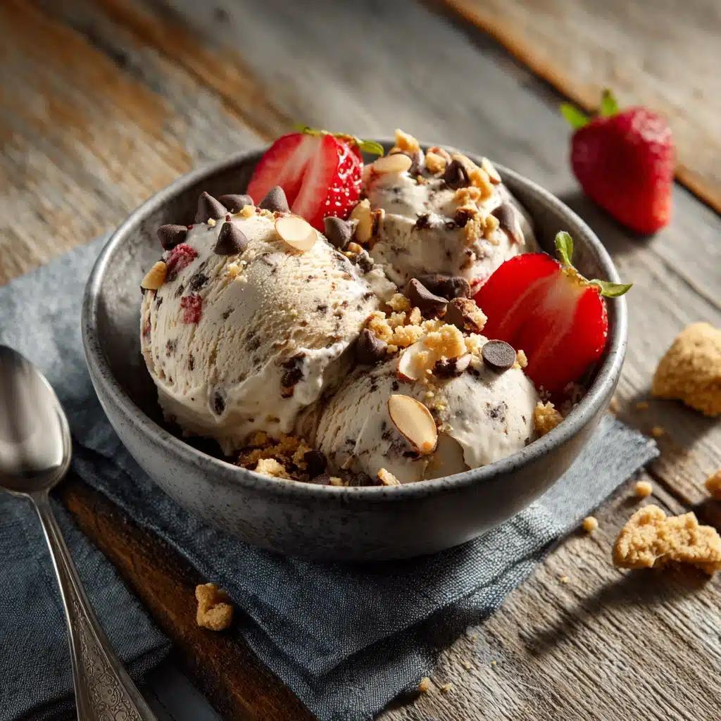 A bowl of Ninja Creami protein ice cream topped with strawberries and chocolate chips