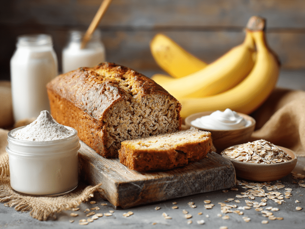 High protein banana bread loaf sliced with ingredients