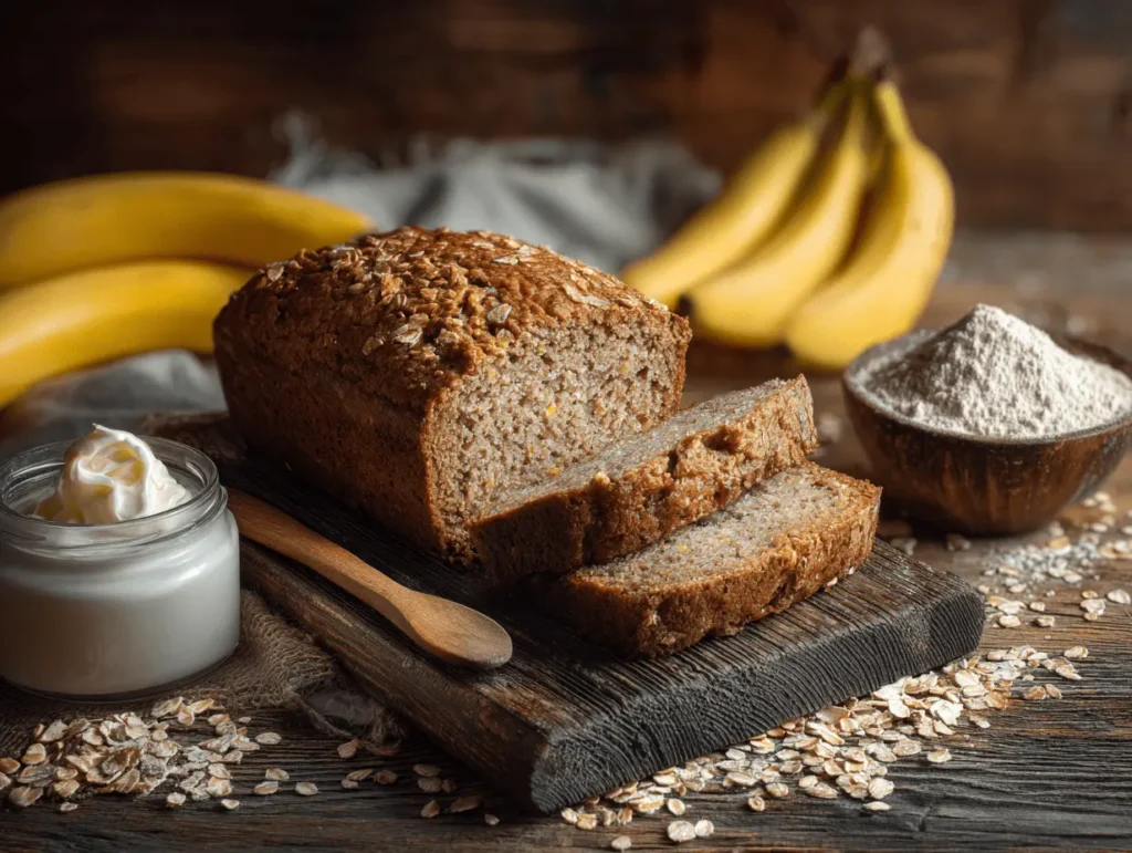 High protein banana bread loaf sliced with ingredients