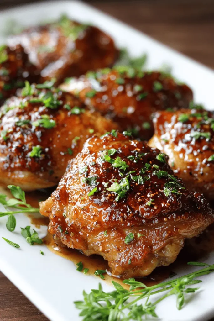 Glazed honey garlic chicken thighs with sesame seeds and scallions