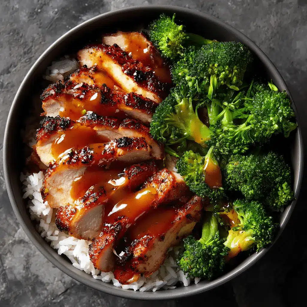 Honey garlic chicken thighs served atop jasmine rice with broccoli