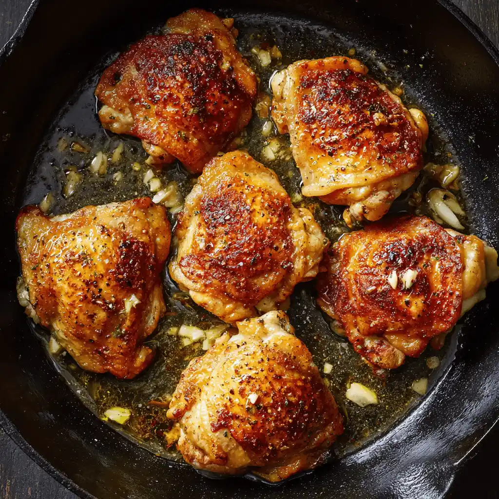 Honey Garlic Chicken Thighs searing in a hot skillet before glazing