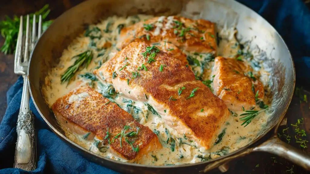 Creamy Tuscan salmon fillets in garlic cream sauce with spinach