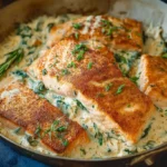 Creamy Tuscan salmon fillets in garlic cream sauce with spinach