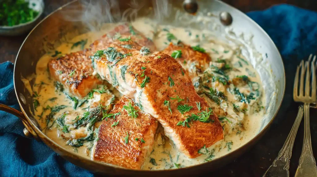Close-up of creamy Tuscan salmon with spinach and herbs