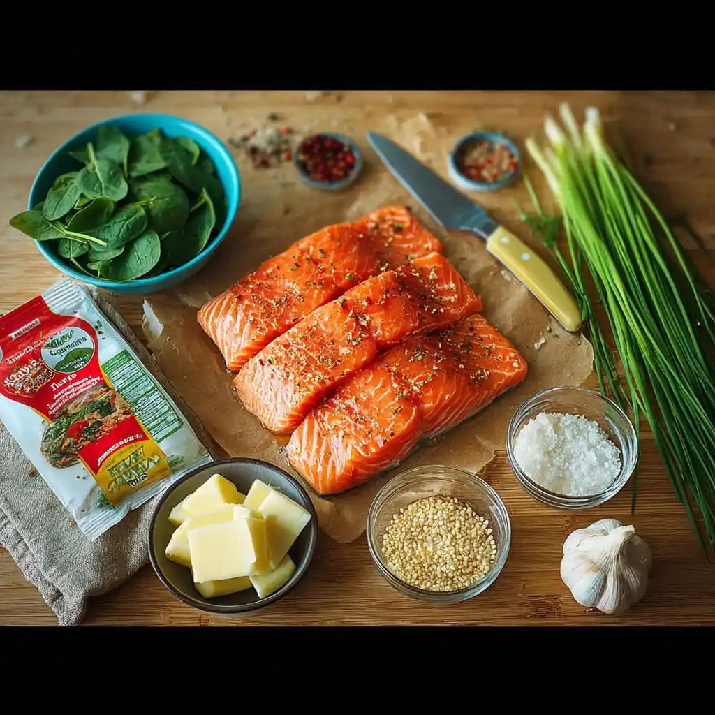 Fresh ingredients for creamy Tuscan salmon on wooden board
