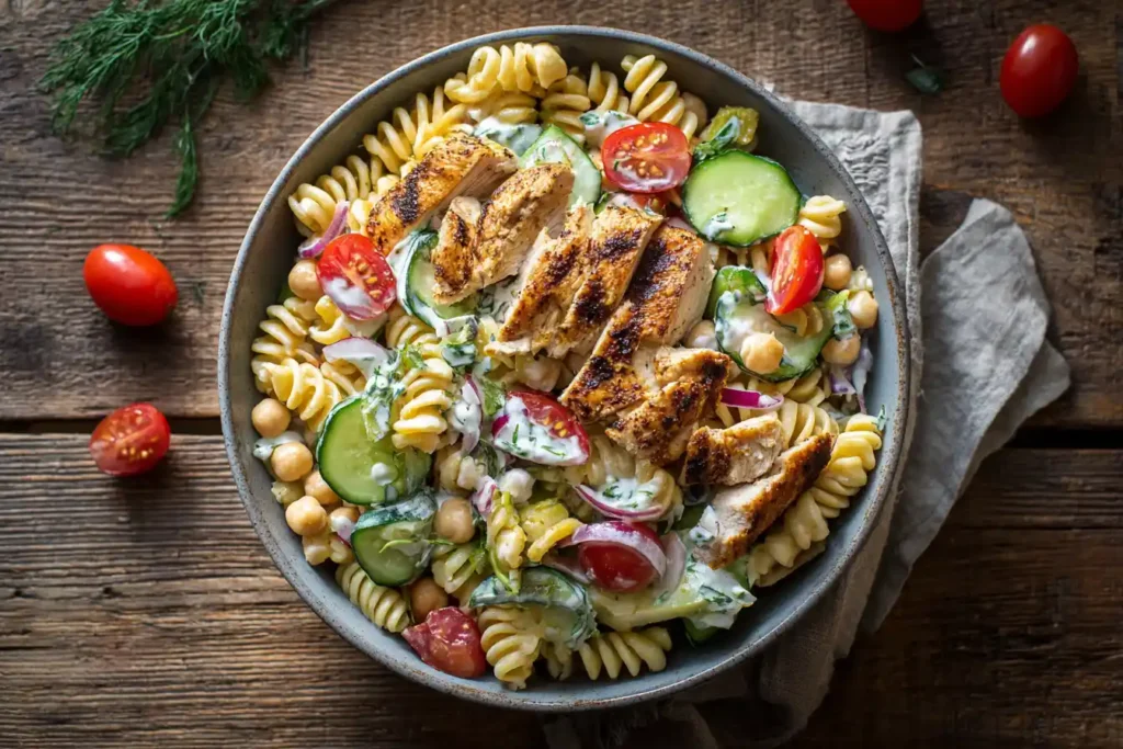 High protein pasta salad with chickpea pasta, chicken, and vegetables in a white bowl