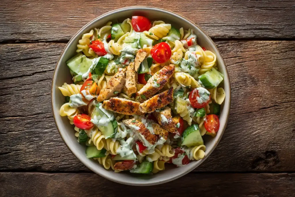 High protein pasta salad with chickpea pasta, chicken, and vegetables in a white bowl