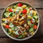High protein pasta salad with chickpea pasta, chicken, and vegetables in a white bowl