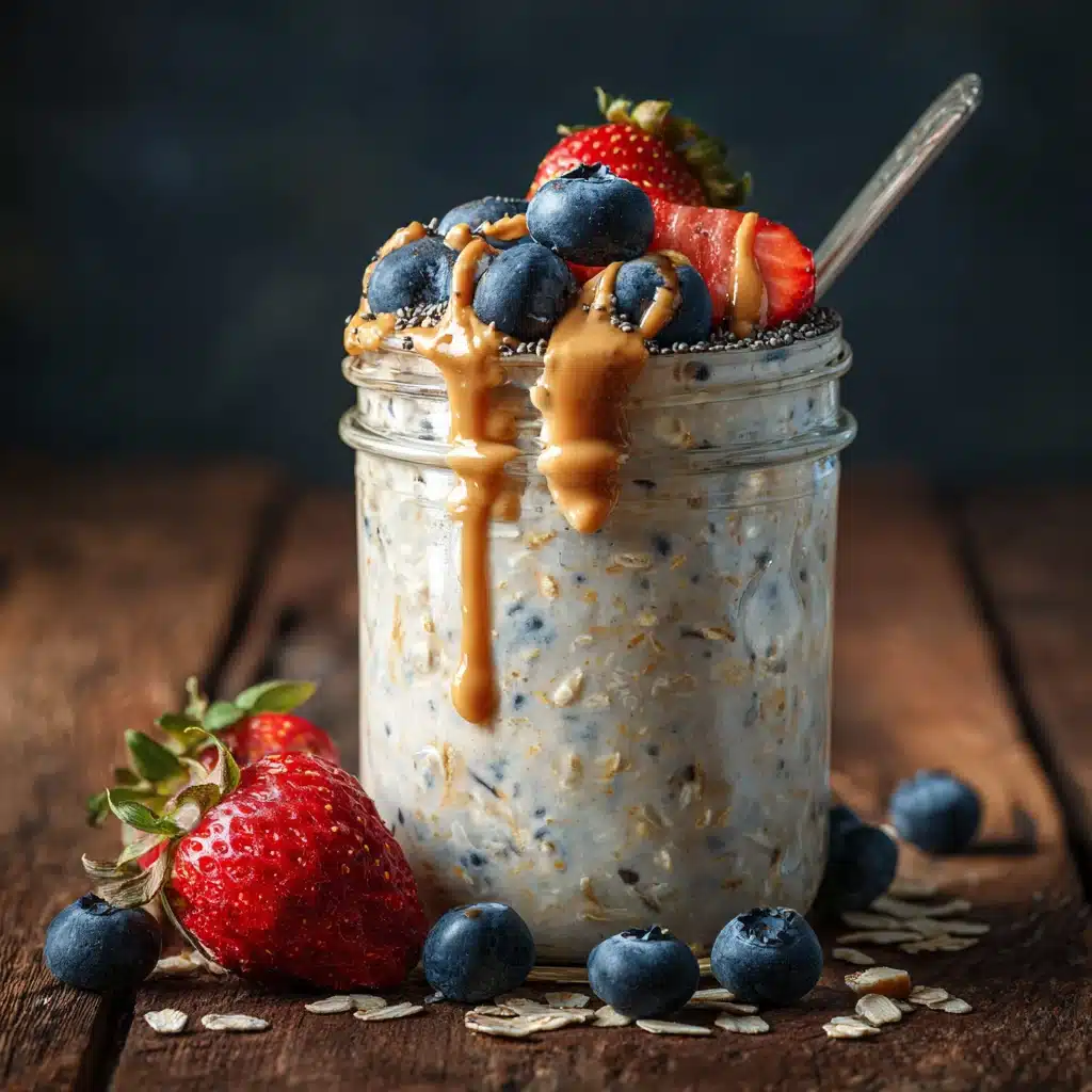 Protein overnight oats without protein powder topped with fresh berries and nut butter