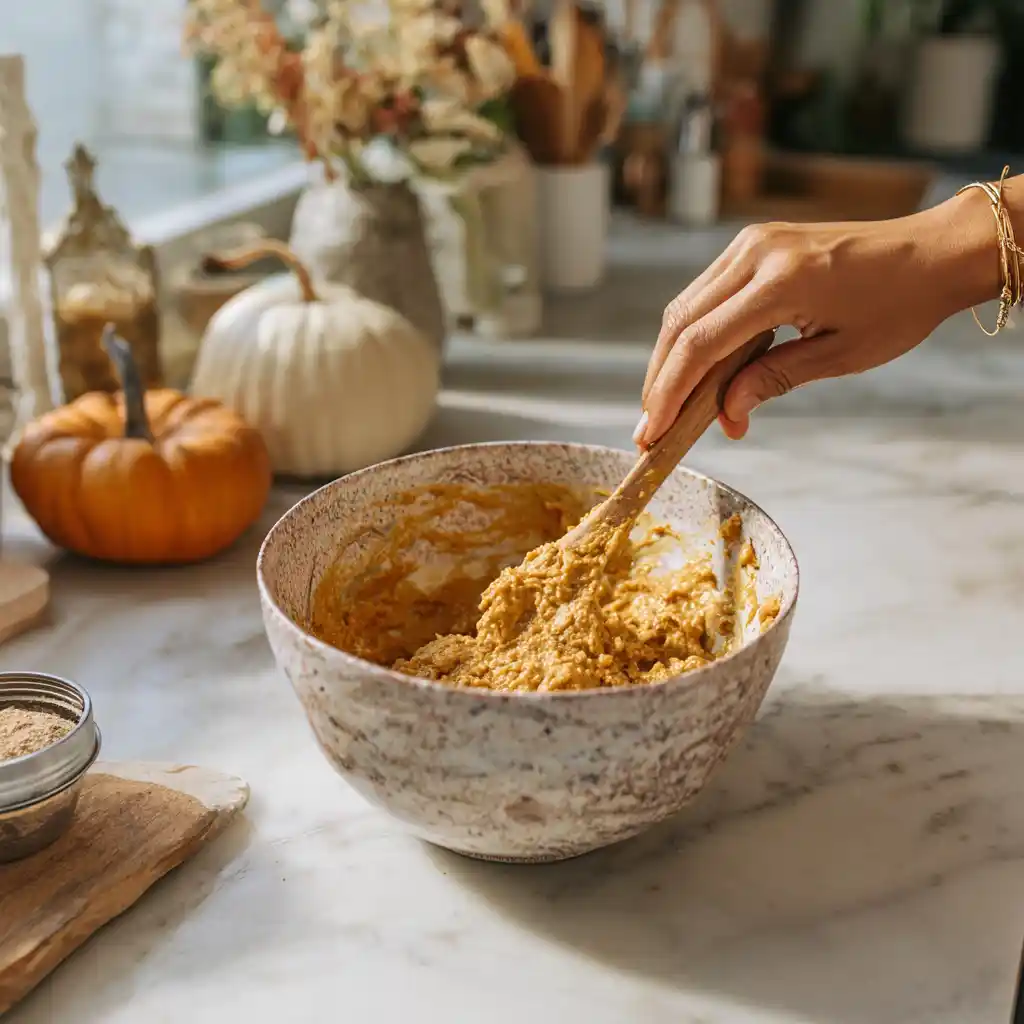 Hands mixing pumpkin puree and oats in a ceramic bowl