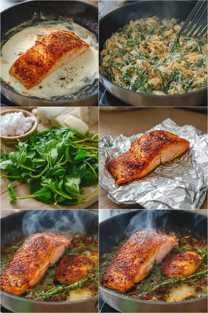 Step-by-step creamy Tuscan salmon cooking process
