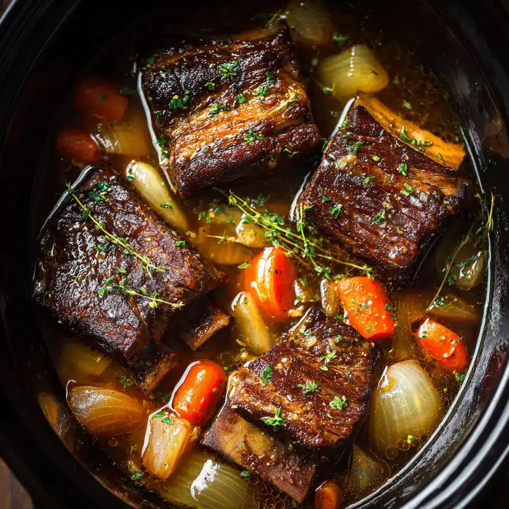 Short ribs in crock pot simmering with carrots, onions, and herbs